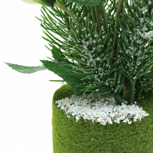 Prodotto Rosa di Natale con palline di abete e muschio bianco nevicato artificialmente 33cm