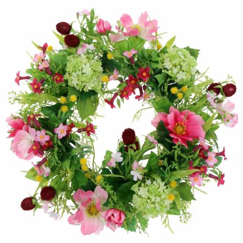 Floristik24 Ghirlanda decorativa con Cosmea e palla di neve rosa, gialla, verde Ø30cm