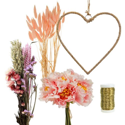 Prodotto Anello decorazione cuore scatola fai da te con peonie e fiori secchi rosa 33 cm