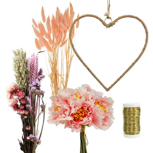 Floristik24 Anello decorazione cuore scatola fai da te con peonie e fiori secchi rosa 33 cm