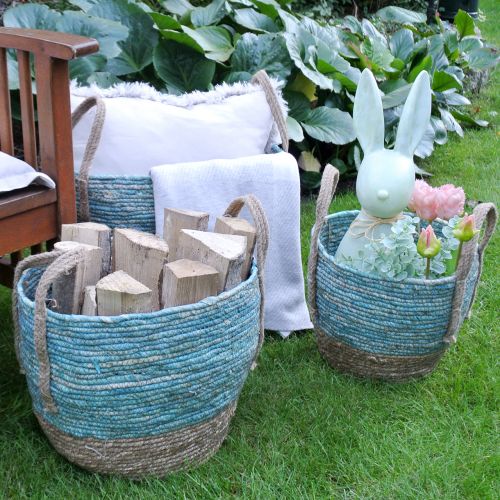 Floristik24 Cesto in rattan natura/blu Ø40/32/26cm 3pz