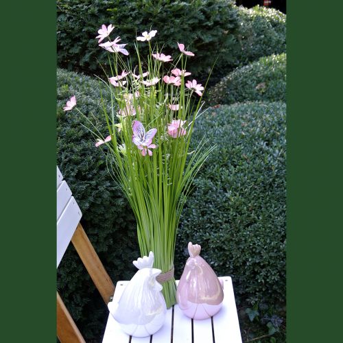 Mazzo di erba con fiori e farfalle rosa 70 cm