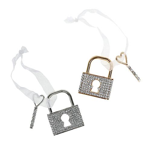 Floristik24 Lucchetto pendente con chiave 5cm oro / argento 2 pezzi