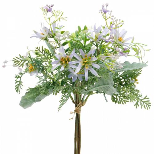 Bouquet decorativo, fiori di seta viola, decorazioni primaverili, astri artificiali, garofani ed eucalipto