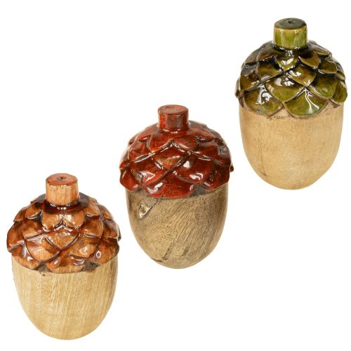 Ghiande decorative decorazione da tavolo in legno verde arancione rosso H10cm 3 pezzi