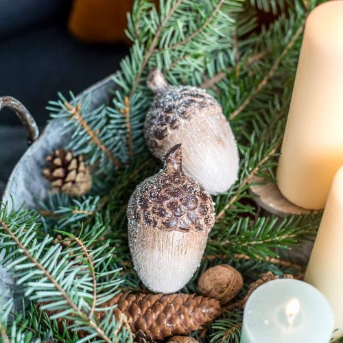 Floristik24 Ghiande decorative ricoperte di neve, addobbi in ceramica, Avvento, addobbi autunnali invernali L9,5 4pz