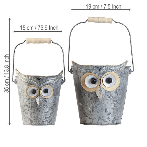 Prodotto Secchio decorativo gufo fioriera in zinco con manico Ø15/19cm set da 2
