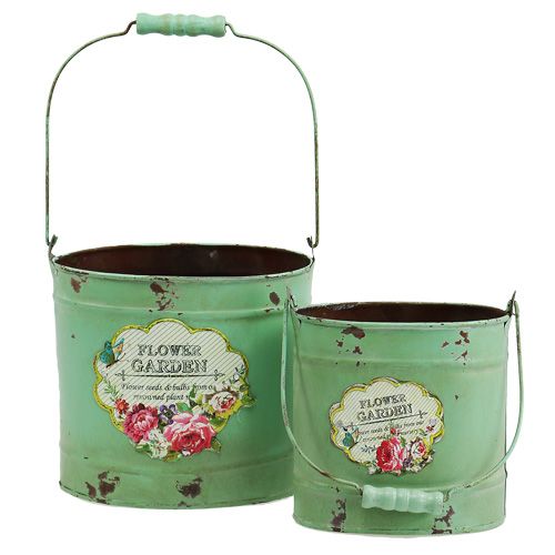 Floristik24 Secchio decorativo ovale 2 set motivo rosa verde 13,5 cm / 17 cm