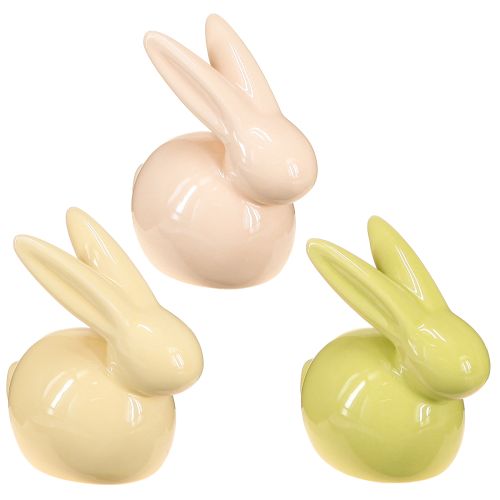 Coniglio decorativo, giallo, verde, marrone, moderna statuetta in ceramica per Pasqua, 8,5 x 4,5 cm, 3 pezzi