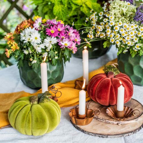 Prodotto Deco zucca floccata mix arancione, verde, rosso decorazione autunnale 16cm 3pz