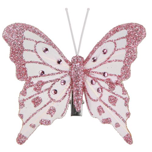 Floristik24 Farfalle decorative realizzate in piume glitter rosa 7,5x7 cm 4 pz