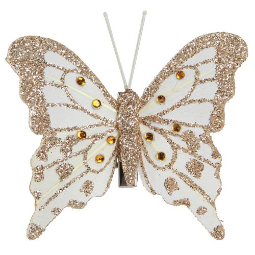 Prodotto Farfalle decorazione piume in oro su clip 7,5x7 cm 4 pezzi