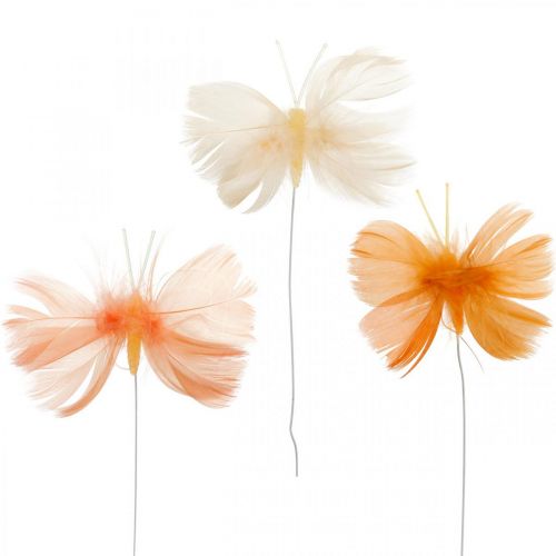 Floristik24 Farfalle nei toni dell'arancione, decoro primaverile Farfalle di piume su filo 6pz