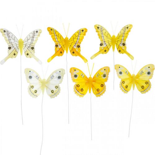 Floristik24 Farfalle decorative farfalla gialla piuma su filo 7,5 cm 6 pezzi