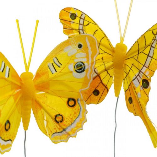 Floristik24 Farfalle decorative farfalla gialla piuma su filo 7,5 cm 6 pezzi