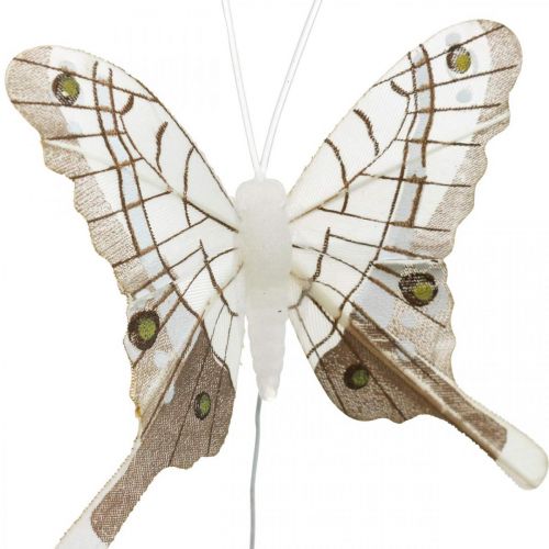 Floristik24 Farfalle decorative bianche, farfalle di piume marroni su filo 7,5 cm 6 pezzi