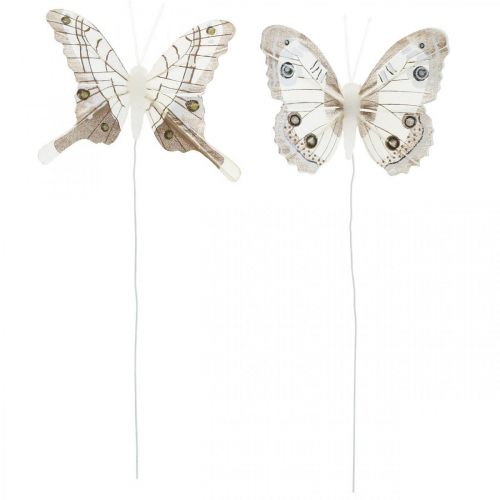 Floristik24 Farfalle decorative bianche, farfalle di piume marroni su filo 7,5 cm 6 pezzi
