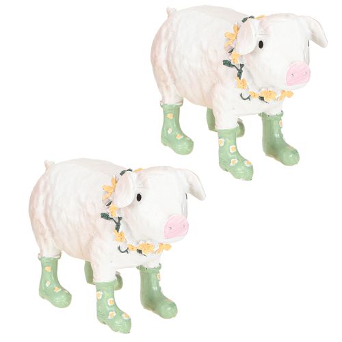 Prodotto Maialino decorativo con stivali di gomma – Figura di fattoria divertente con corona di fiori 15,5 cm 2 pezzi