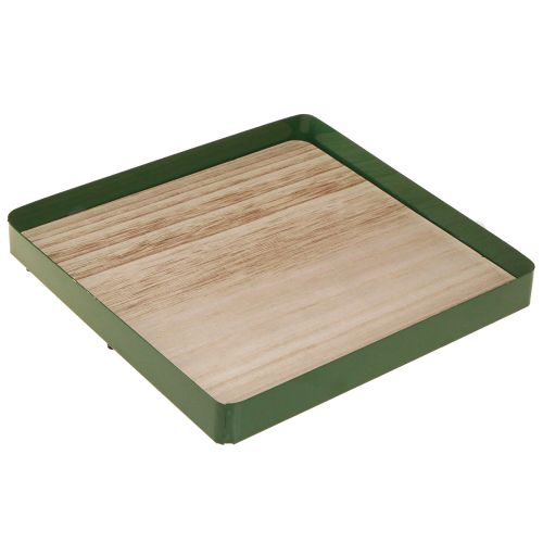 Floristik24 Vassoio decorativo in metallo quadrato con base in legno verde 25,5×25,5cm