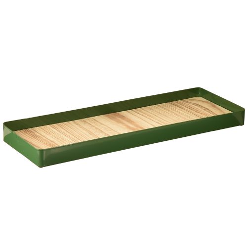 Vassoio decorativo rettangolare in metallo verde con base in legno 41×14cm