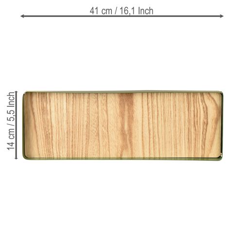 Prodotto Vassoio decorativo rettangolare in metallo verde con base in legno 41×14cm