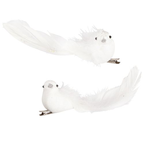 Floristik24 Colombe decorative su clip coppia di colombe con piume e glitter bianco 16cm 2 pz