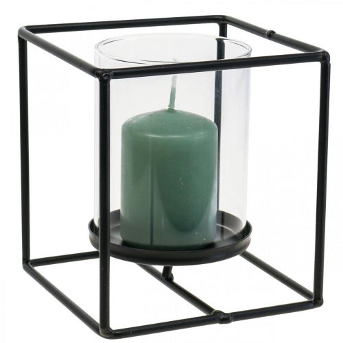 Portacandele decorativo lanterna in metallo nero vetro 12×12×13cm
