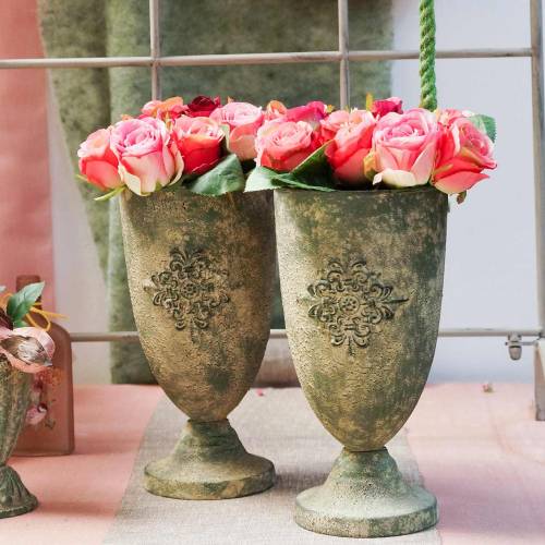 Floristik24 Calice decorativo in metallo con ornamento verde muschio, beige Ø16cm H31cm