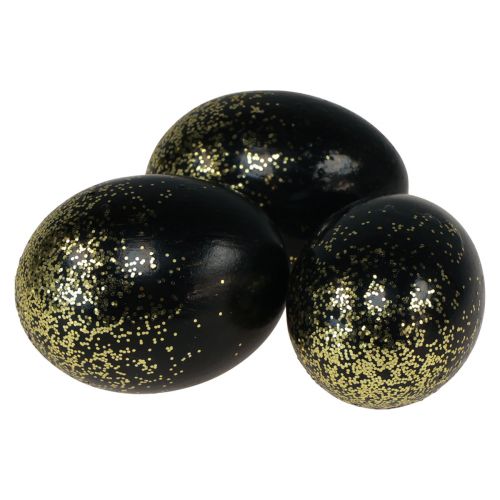 Uova di Pasqua decorative vero uovo d&#39;oca nero con glitter dorati H7,5–8,5 cm 10 pezzi
