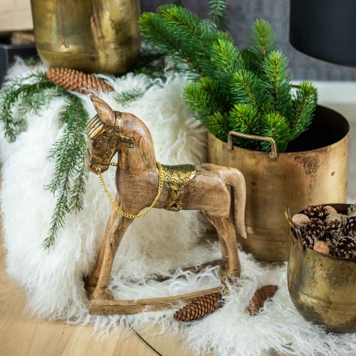 Floristik24 Cavallo a dondolo decorativo in legno massello natura natalizia, dorato 28 × 39 × 9,5cm
