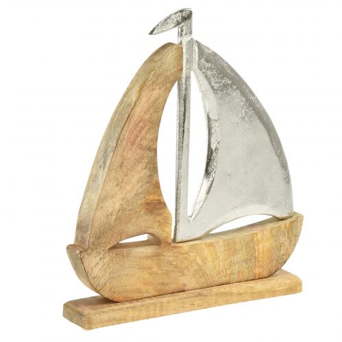 Nave decorativa in legno metallo argento legno di mango 16,5x4x18,5 cm