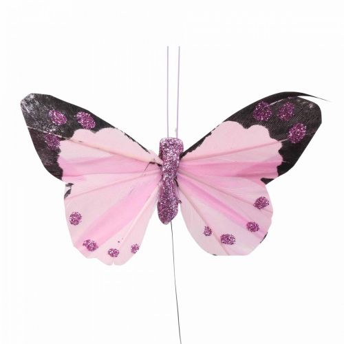 Prodotto Farfalla decorativa su filo Farfalle di piume viola/rosa 9,5cm 12pz