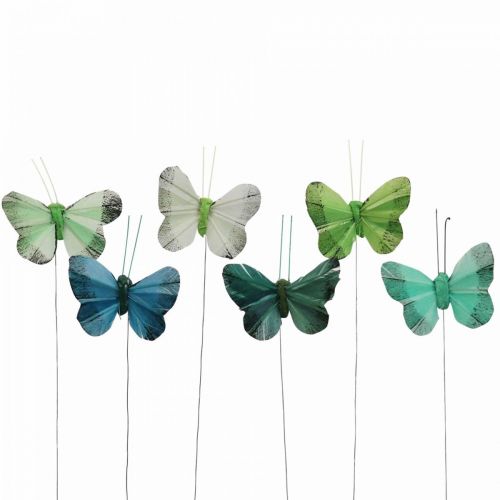 Floristik24 Farfalla decorativa su filo verde, blu 5-6cm 24p