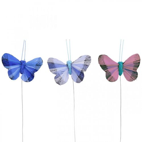 Floristik24 Farfalle decorative piuma farfalla rosa, blu 6 cm 24 pz