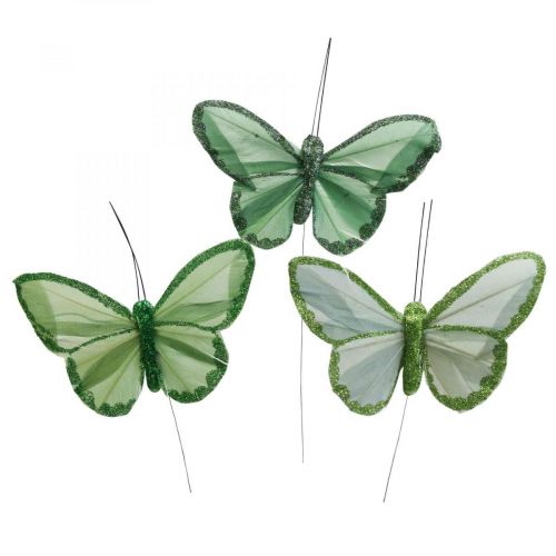 Farfalle decorative farfalle di piume verdi su filo 10cm 12pz