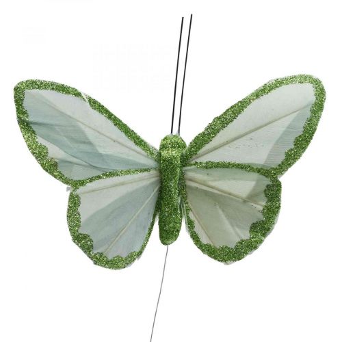 Prodotto Farfalle decorative Farfalle di piume verdi su filo 10 cm 12 pz