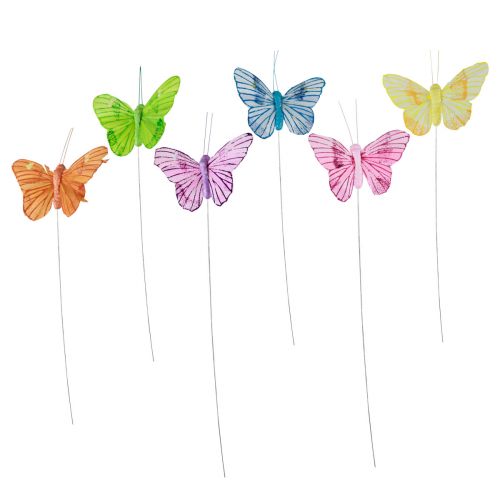 Prodotto Farfalle decorative su filo piume colorate 5,5×8 cm 12 pz