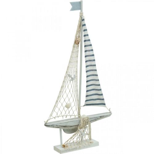 Prodotto Deco Barca a Vela Legno Bianco Blu Marittimo Deco Nave 28×3×55 cm