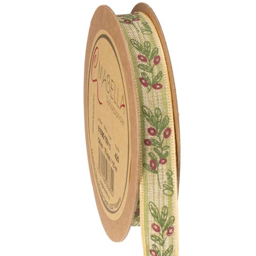Nastro regalo ramo d'ulivo con eleganti rami e olive 1,5 cm 15 m