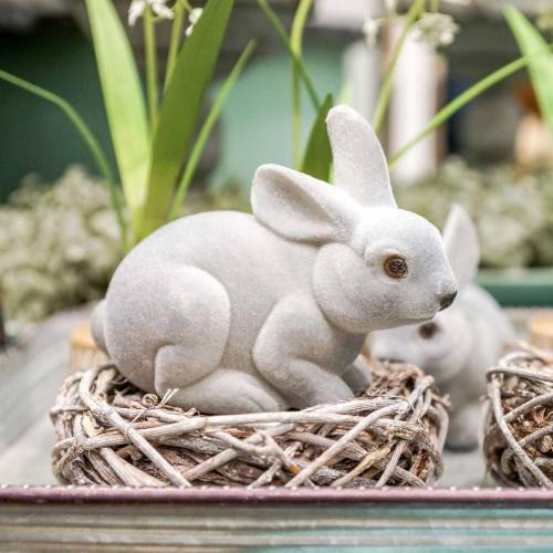 Floristik24 Figura decorativa coniglio grigio, decorazione primaverile, coniglietto pasquale seduto floccato 3pz