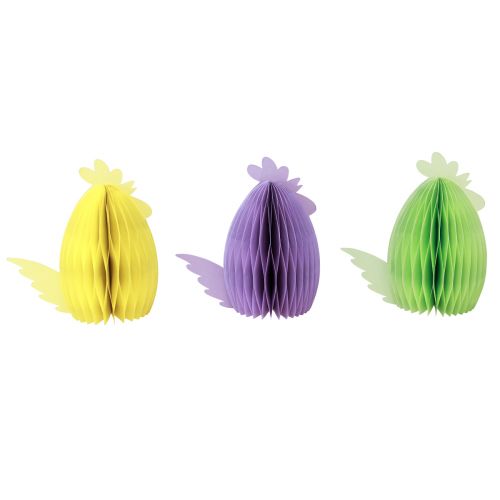 Prodotto Figure decorative pollo a nido d&#39;ape giallo verde viola 18,5x12x20 cm 3 pezzi