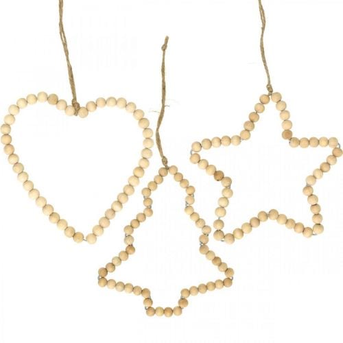 Appendino decorativo Natale perline di legno cuore stella albero H13cm 3 pezzi