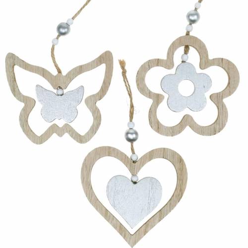 Appendino decorazione cuore fiore farfalla natura, decoro legno argento 6pz