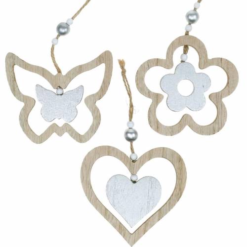Floristik24 Appendino decorativo cuore fiore farfalla naturale, argento decorazione in legno 6 pz