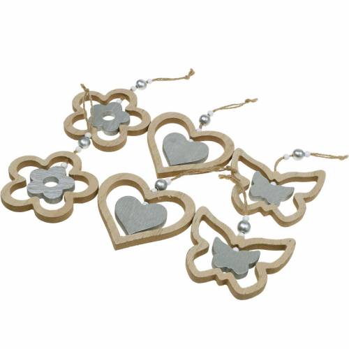 Floristik24 Appendino decorativo cuore fiore farfalla naturale, argento decorazione in legno 6 pz