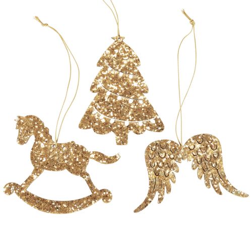 Floristik24 Appendiabiti decorativi in legno glitter oro decorazione per albero di Natale 10 cm 6 pezzi