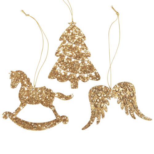 Floristik24 Appendino decorativo in legno glitter oro decorazioni per albero di Natale 10 cm 6 pz