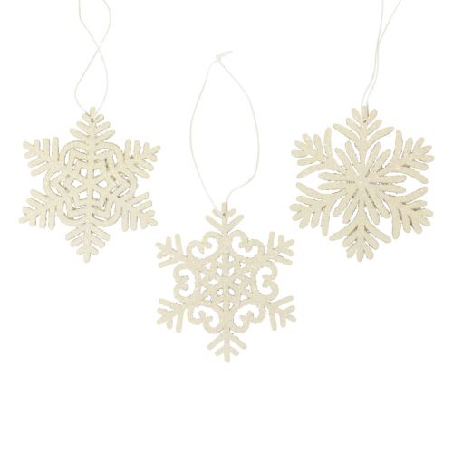 Appendino decorativo fiocchi di neve decorativi in legno glitter bianco Ø10 cm 12 pezzi