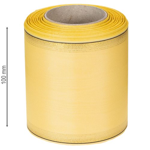 Prodotto Nastro decorativo moiré giallo con bordo dorato, larghezza 100 mm, lunghezza 25 m, ideale per composizioni floreali e decorazioni.