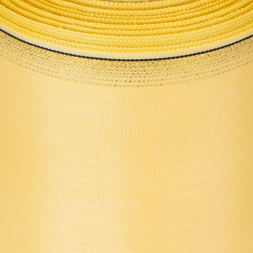 Prodotto Nastro decorativo moiré giallo con bordo dorato, larghezza 100 mm, lunghezza 25 m, ideale per composizioni floreali e decorazioni.